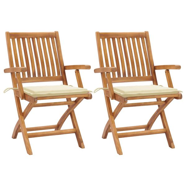 vidaXL Chaises de jardin lot de 2 et coussins cr&egrave;me Bois teck massif
