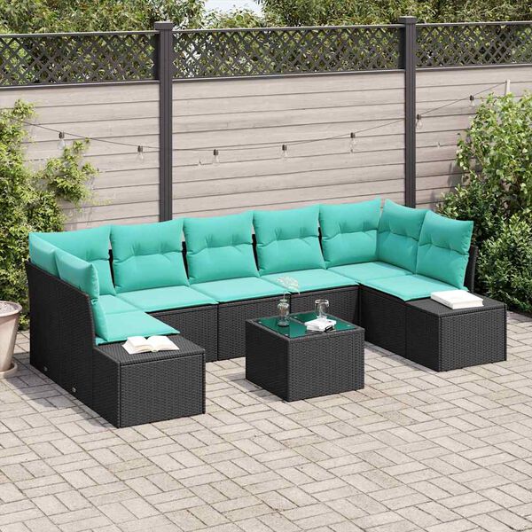 vidaXL Ensemble de canapé de jardin 8 pcs Noir et turquoise polyrotin