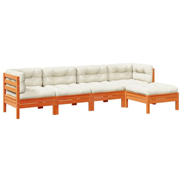 vidaXL Salon de jardin 5 pcs avec coussins cire marron bois pin massif