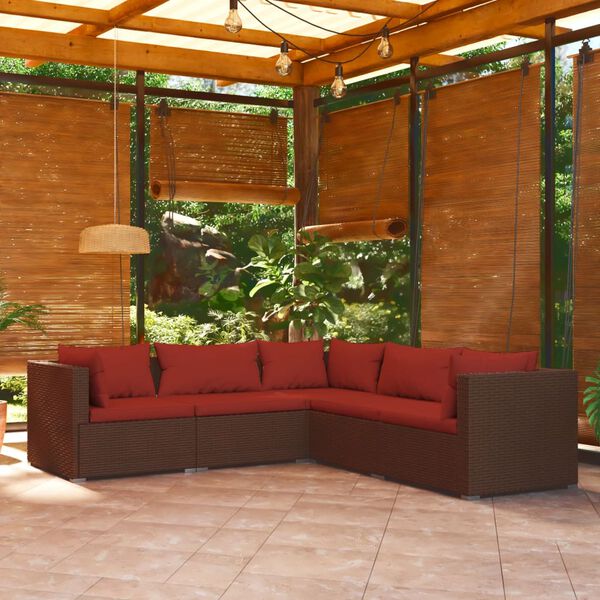 vidaXL Salon de jardin 5 pcs avec coussins r&eacute;sine tress&eacute;e marron