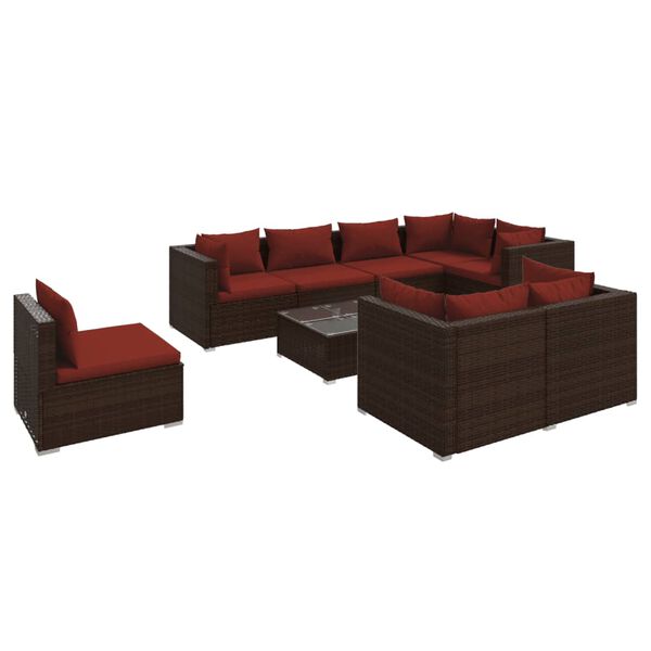 vidaXL Salon de jardin 9 pcs avec coussins R&eacute;sine tress&eacute;e Marron