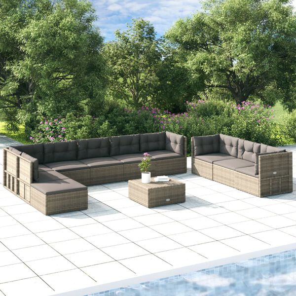 vidaXL Salon de jardin 10 pcs avec coussins Gris R&eacute;sine tress&eacute;e