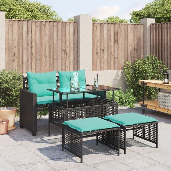 vidaXL Salon de jardin 4 pcs avec coussins noir r&eacute;sine tress&eacute;e verre