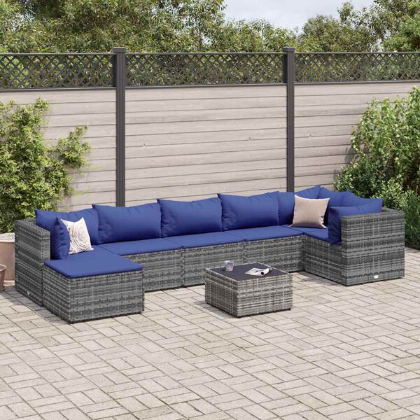 vidaXL Salon de jardin 8 pcs avec coussins Gris R&eacute;sine tress&eacute;e