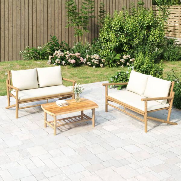 vidaXL Salon de jardin 3 pcs avec coussins blanc cr&egrave;me bambou