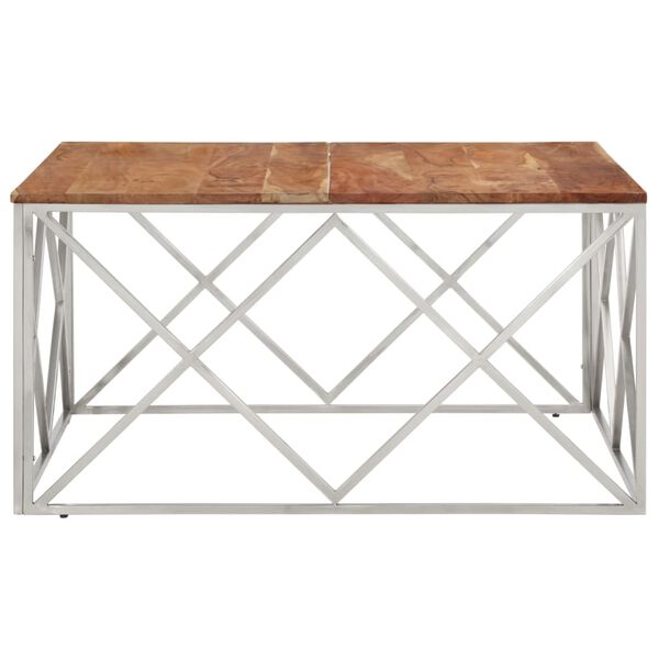 vidaXL Table basse argenté acier inoxydable et bois massif d'acacia