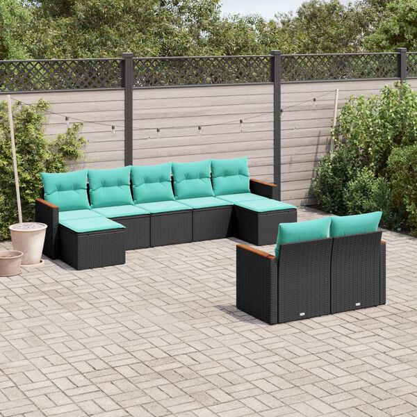 vidaXL Salon de jardin 9 pcs avec coussins noir résine tressée