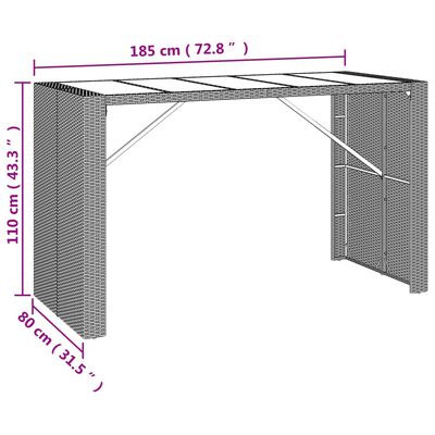 vidaXL Table de bar et dessus en verre marron 185x80x110 cm poly rotin