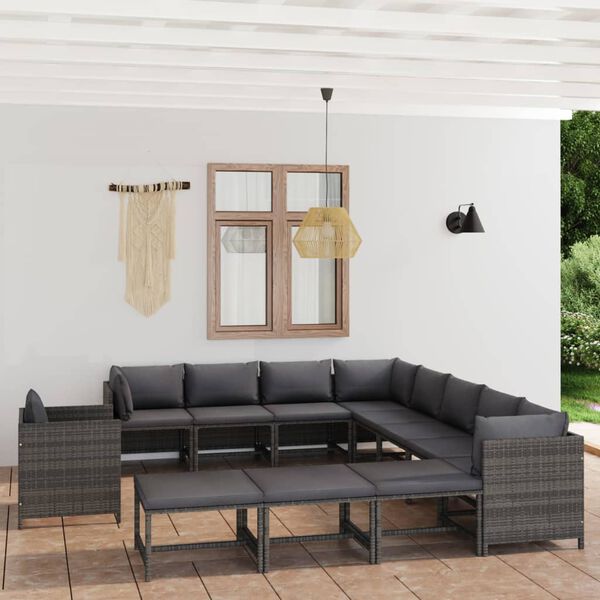 vidaXL Salon de jardin 12 pcs avec coussins R&eacute;sine tress&eacute;e Gris