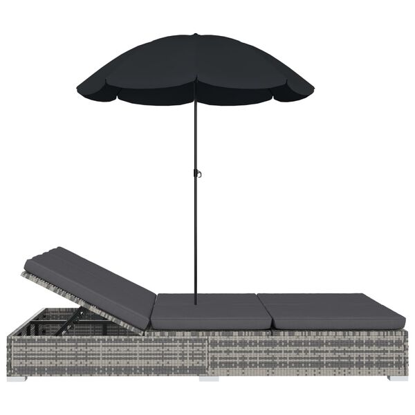 vidaXL Chaise longue d'extérieur avec parasol Résine tressée Gris