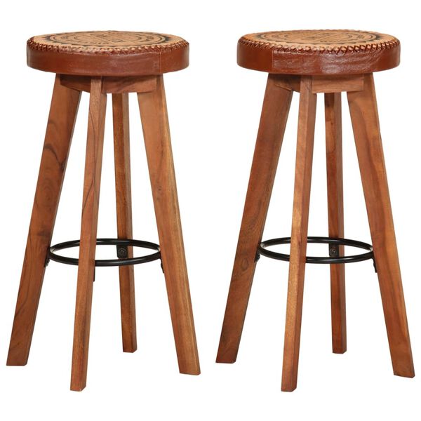 vidaXL Tabourets de bar 2 pcs Cuir v&eacute;ritable et bois d'acacia solide