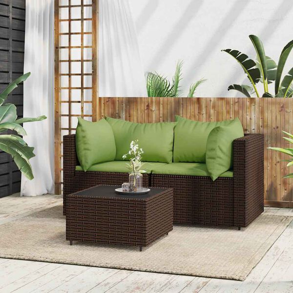 vidaXL Salon de jardin 3 pcs avec coussins marron r&eacute;sine tress&eacute;e