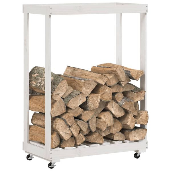 vidaXL Porte-bûches avec roulettes blanc 76,5x40x108cm bois massif pin