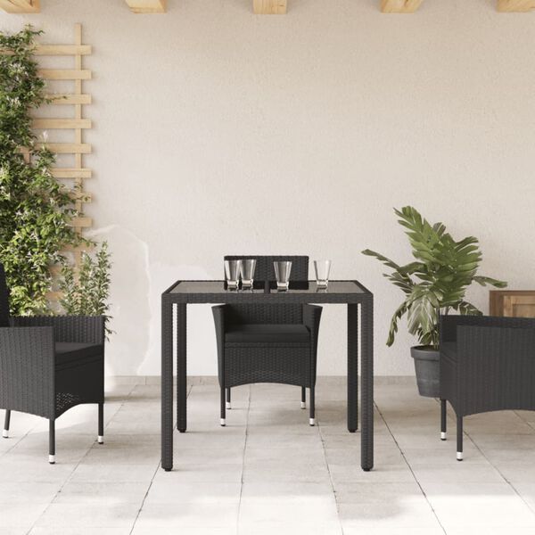 vidaXL Table de jardin dessus en verre Noir 90x90x75 cm R&eacute;sine tress&eacute;e