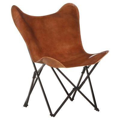 vidaXL Chaise papillon pliable Marron Cuir véritable