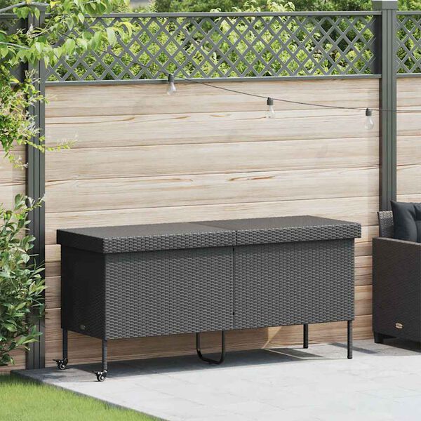 vidaXL Boîte de rangement de jardin et roues noir résine tressée