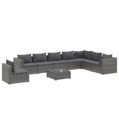 vidaXL Salon de jardin 9 pcs avec coussins Résine tressée Gris