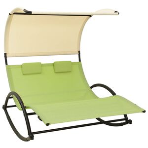 vidaXL Chaise longue double avec auvent textil&egrave;ne vert et cr&egrave;me