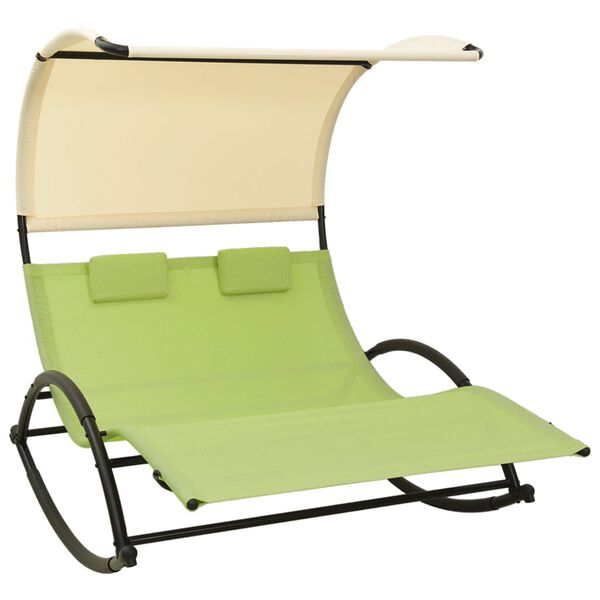 vidaXL Chaise longue double avec auvent textil&egrave;ne vert et cr&egrave;me