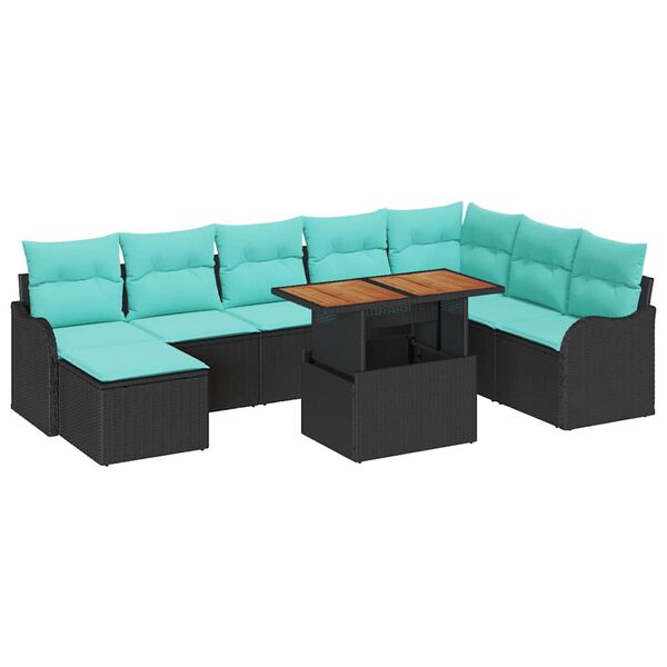 vidaXL Ensemble de canap&eacute; de jardin avec coussin 9 pcs Noir et bleu