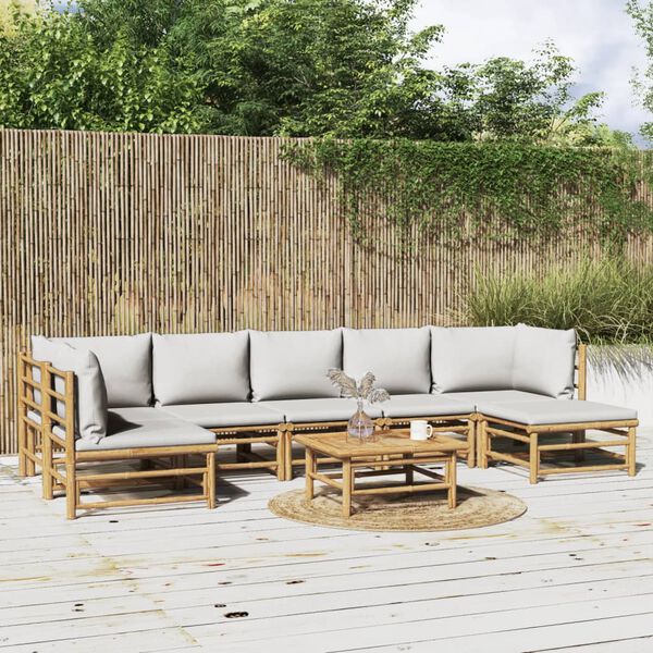 vidaXL Salon de jardin 8 pcs avec coussins gris clair bambou
