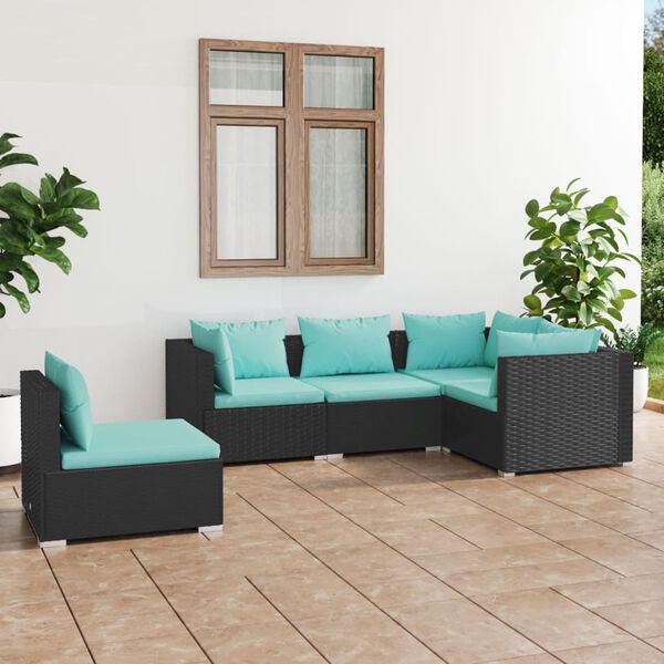 vidaXL Salon de jardin 5 pcs avec coussins R&eacute;sine tress&eacute;e Noir