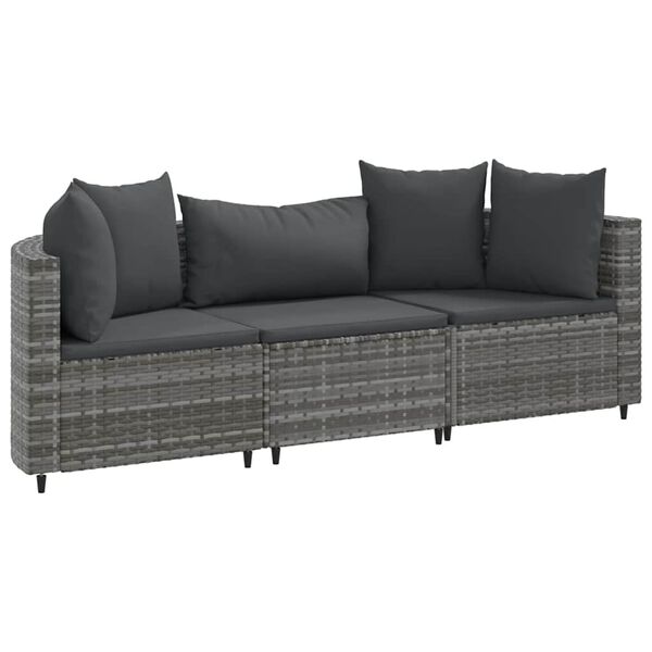 vidaXL Salon de jardin avec coussins 3 pcs gris r&eacute;sine tress&eacute;e