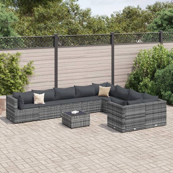 vidaXL Salon de jardin avec coussins 10 pcs gris r&eacute;sine tress&eacute;e