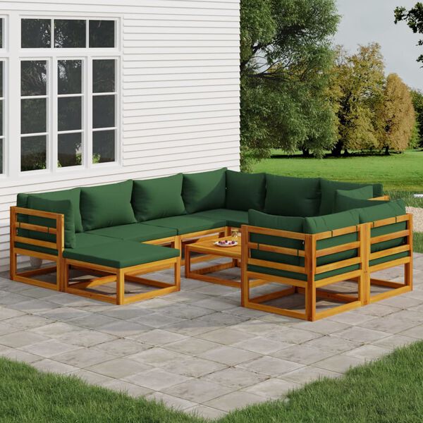 vidaXL Salon de jardin 10 pcs avec coussins vert bois massif