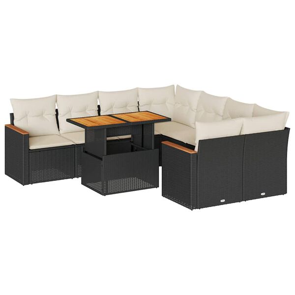 vidaXL Salon de jardin avec coussins 9 pcs noir r&eacute;sine tress&eacute;e acacia