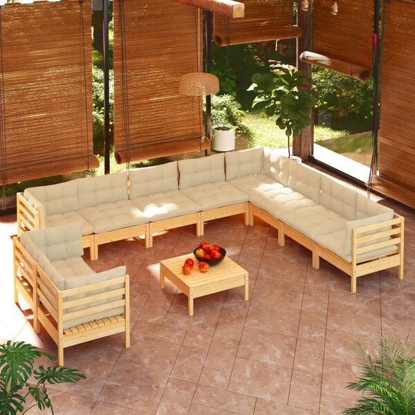 vidaXL Salon de jardin 11 pcs avec coussins cr&egrave;me Bois de pin solide