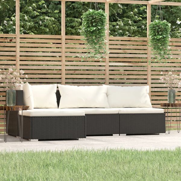 vidaXL Salon de jardin 4 pcs avec coussins Noir R&eacute;sine tress&eacute;e