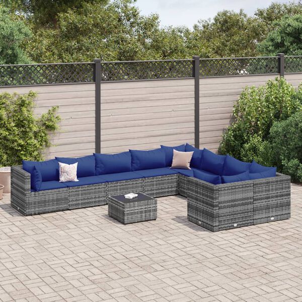 vidaXL Salon de jardin avec coussins 10 pcs gris r&eacute;sine tress&eacute;e