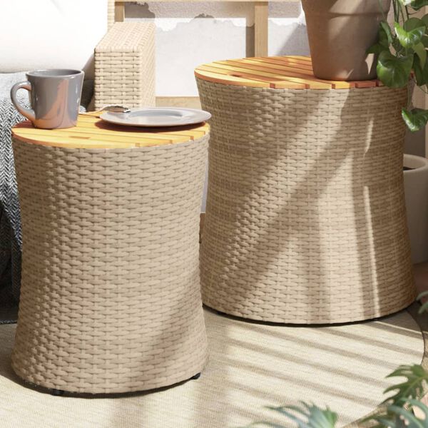 vidaXL Tables d'appoint de jardin 2pcs dessus en bois beige poly rotin