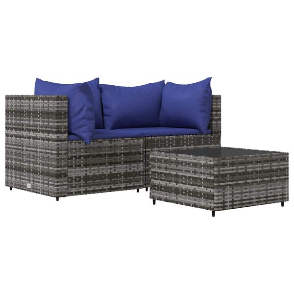 vidaXL Salon de jardin 3 pcs avec coussins Gris R&eacute;sine tress&eacute;e