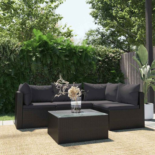 vidaXL Salon de jardin 5 pcs avec coussins R&eacute;sine tress&eacute;e Noir