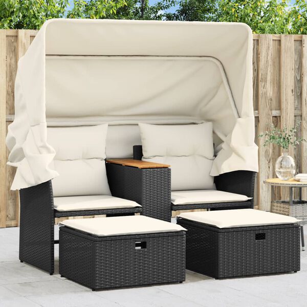 vidaXL Canap&eacute; de jardin 2 places avec auvent et tabourets noir rotin