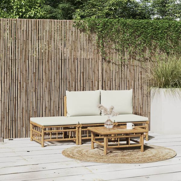 vidaXL Salon de jardin 4 pcs avec coussins blanc cr&egrave;me bambou