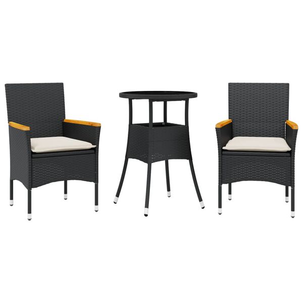 vidaXL Ensemble &agrave; manger de jardin et coussins 3 pcs noir rotin verre