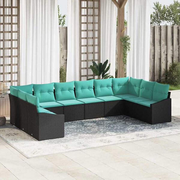 vidaXL Ensemble de canap&eacute; de jardin 10 pcs Noir et turquoise polyrotin