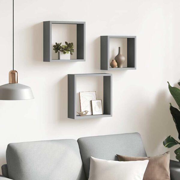 vidaXL &Eacute;tag&egrave;res murales sous forme de cube 3 pcs Gris MDF