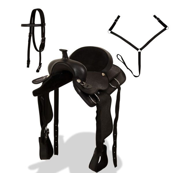 vidaXL Selle, bridon et col de poitrine Cuir v&eacute;ritable 17 po Noir