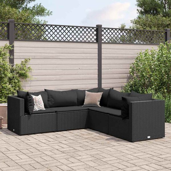 vidaXL Salon de jardin 5 pcs avec coussins Noir R&eacute;sine tress&eacute;e