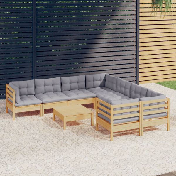 vidaXL Salon de jardin 9 pcs avec coussins gris bois de pin