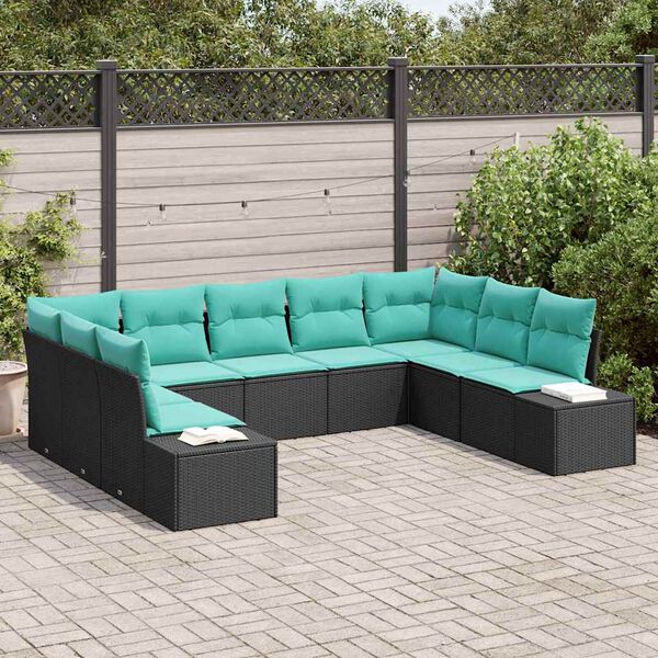 vidaXL Ensemble de canap&eacute; de jardin avec coussin 9 pcs Noir polyrotin