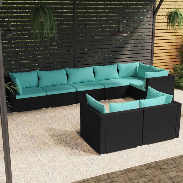vidaXL Salon de jardin 8 pcs avec coussins noir r&eacute;sine tress&eacute;e
