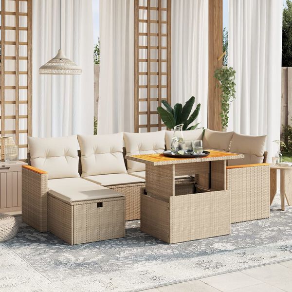 vidaXL Salon de jardin avec coussins 7 pcs beige r&eacute;sine tress&eacute;e
