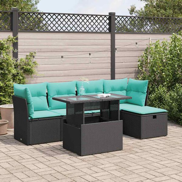 vidaXL Salon de jardin 6 pcs avec coussins noir r&eacute;sine tress&eacute;e acacia