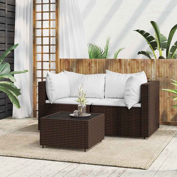 vidaXL Salon de jardin 3 pcs avec coussins marron r&eacute;sine tress&eacute;e