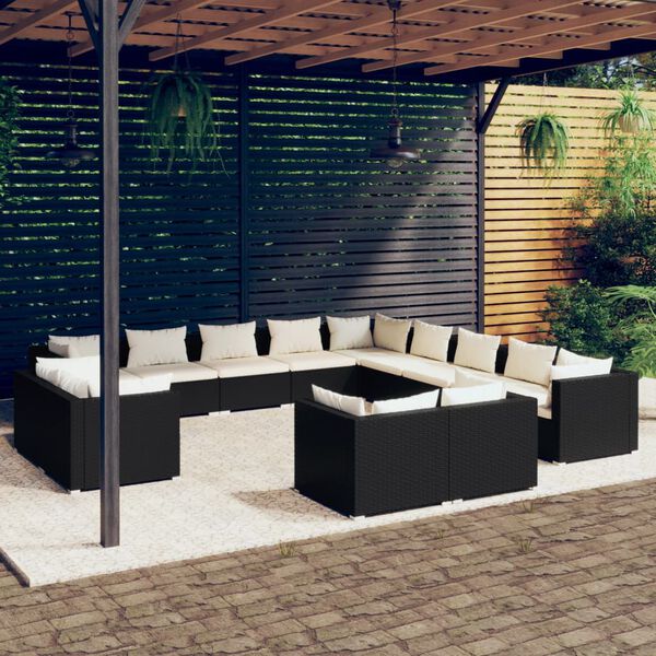 vidaXL Salon de jardin 13 pcs avec coussins Noir R&eacute;sine tress&eacute;e